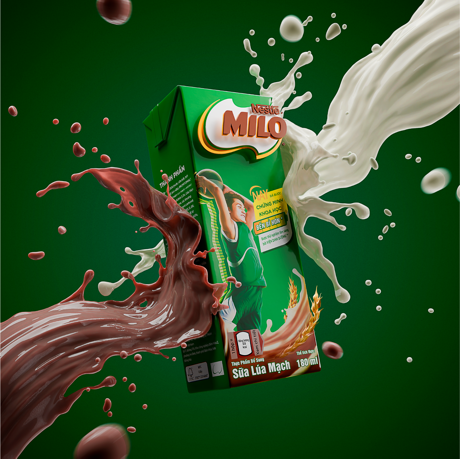 Key Visual CGI Milo với hiệu ứng sữa và chocolate