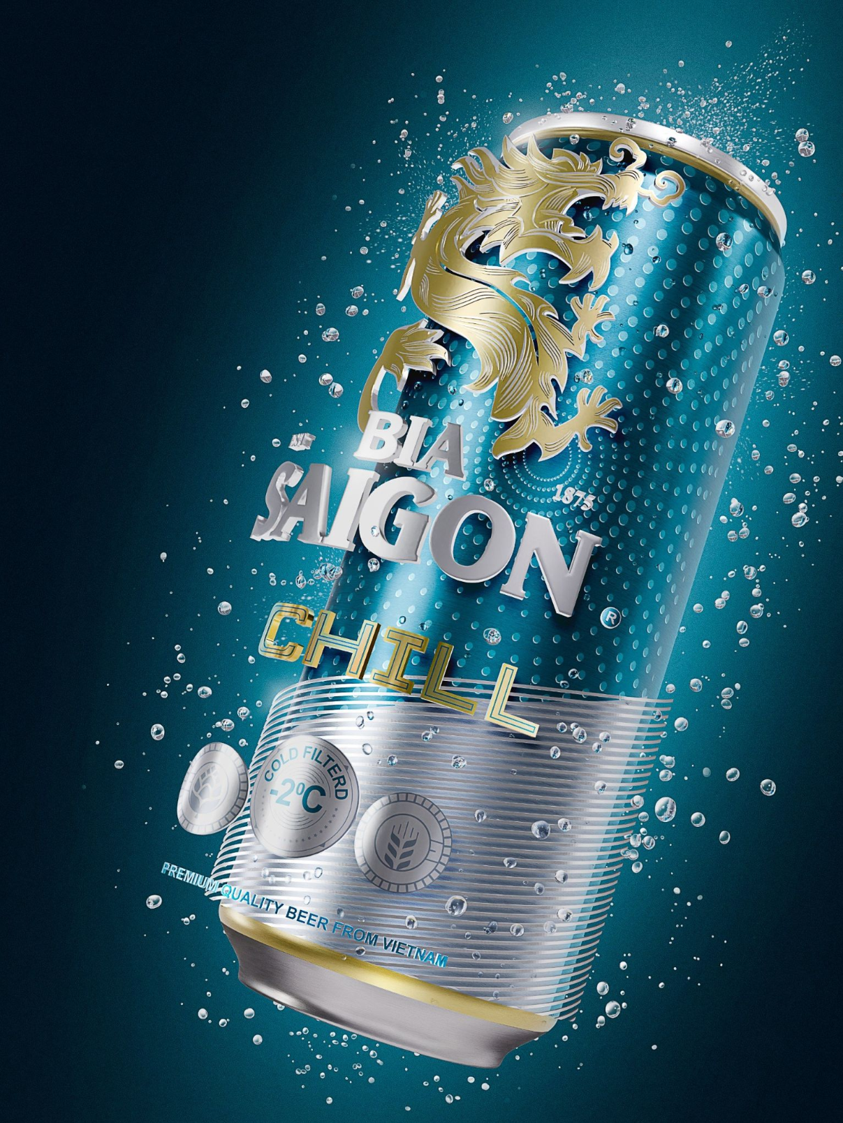 CGI lon Bia Saigon Chill với giọt nước