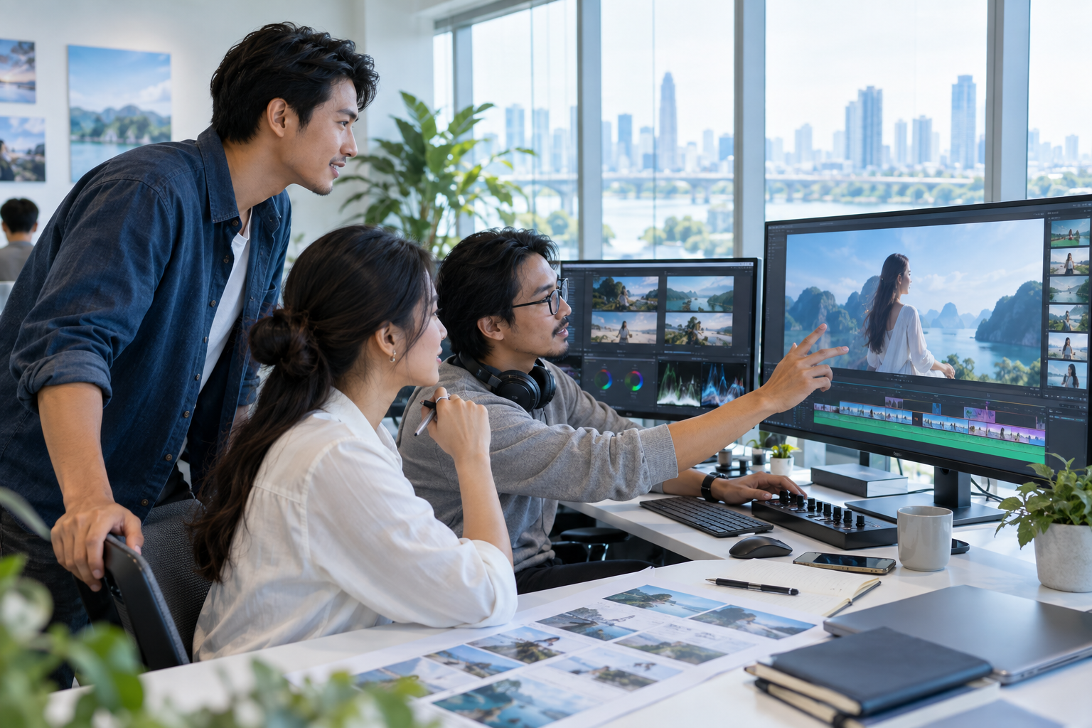 Đội ngũ hậu kỳ hợp tác trong studio sáng