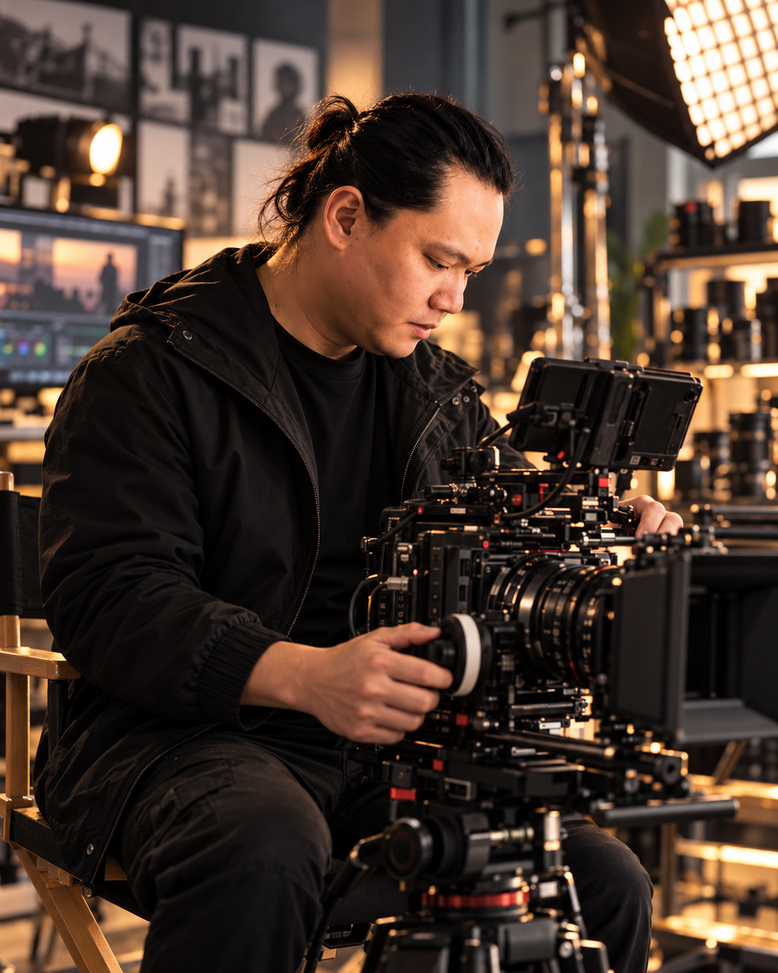 Chân dung Trí Trần đang framing với máy quay cinema, Đối tác Director of Photography và AI Artist